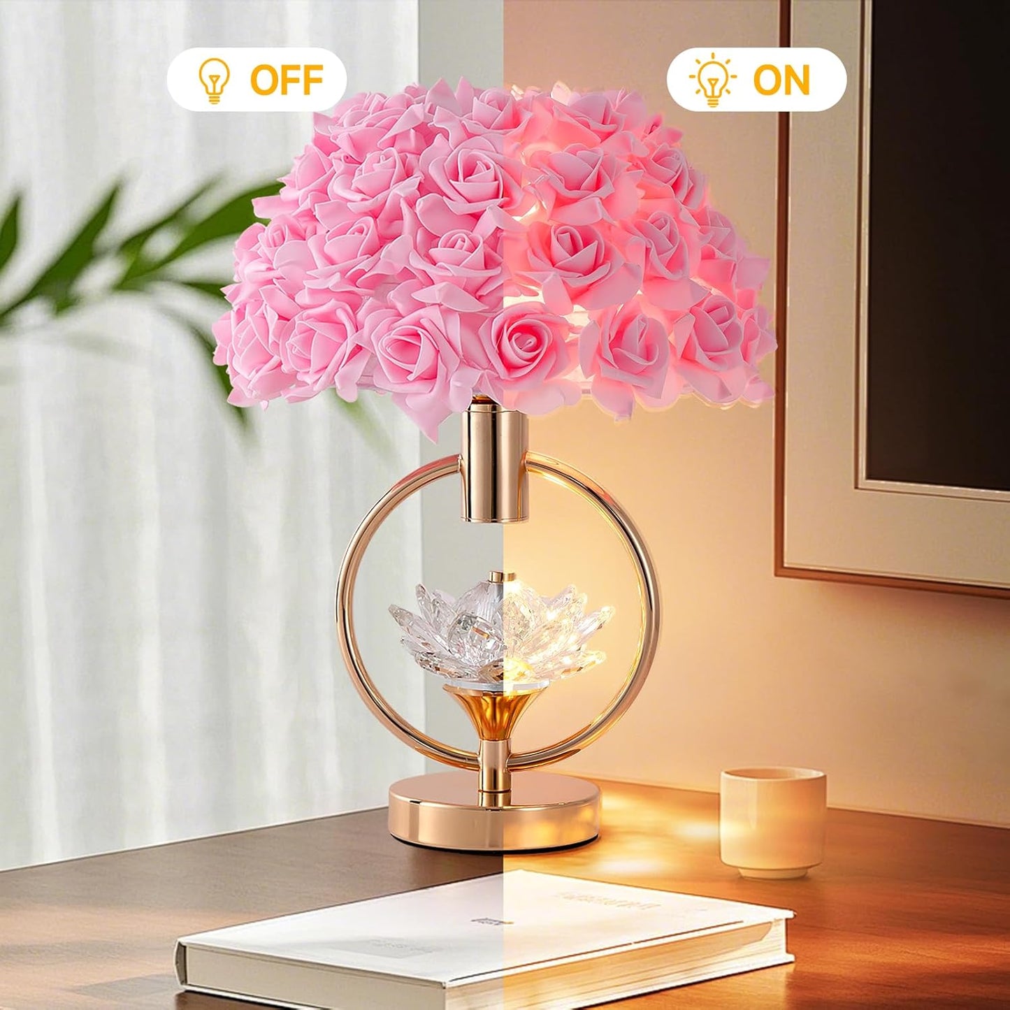 ZYLEISENBAO Modern Pink Flower Table Lamp with Crystal 17IN Romantic Bedside Lamp Princess Rose Flower Desk Nightstand Light for Girl Bedroom Living Room Entrytable Birthday Valentines Gift