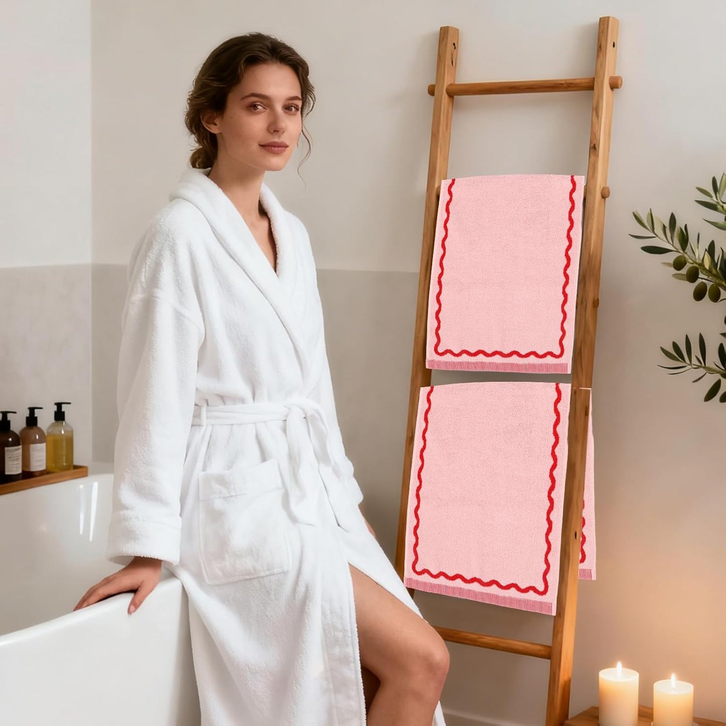Whaline Pink Red Scalloped Hand Towels Decorative Towel 2 Pack Print Cotton Bathroom Towel for Kitchen Drying Cleaning, 29.5 x 13.7 Inch
