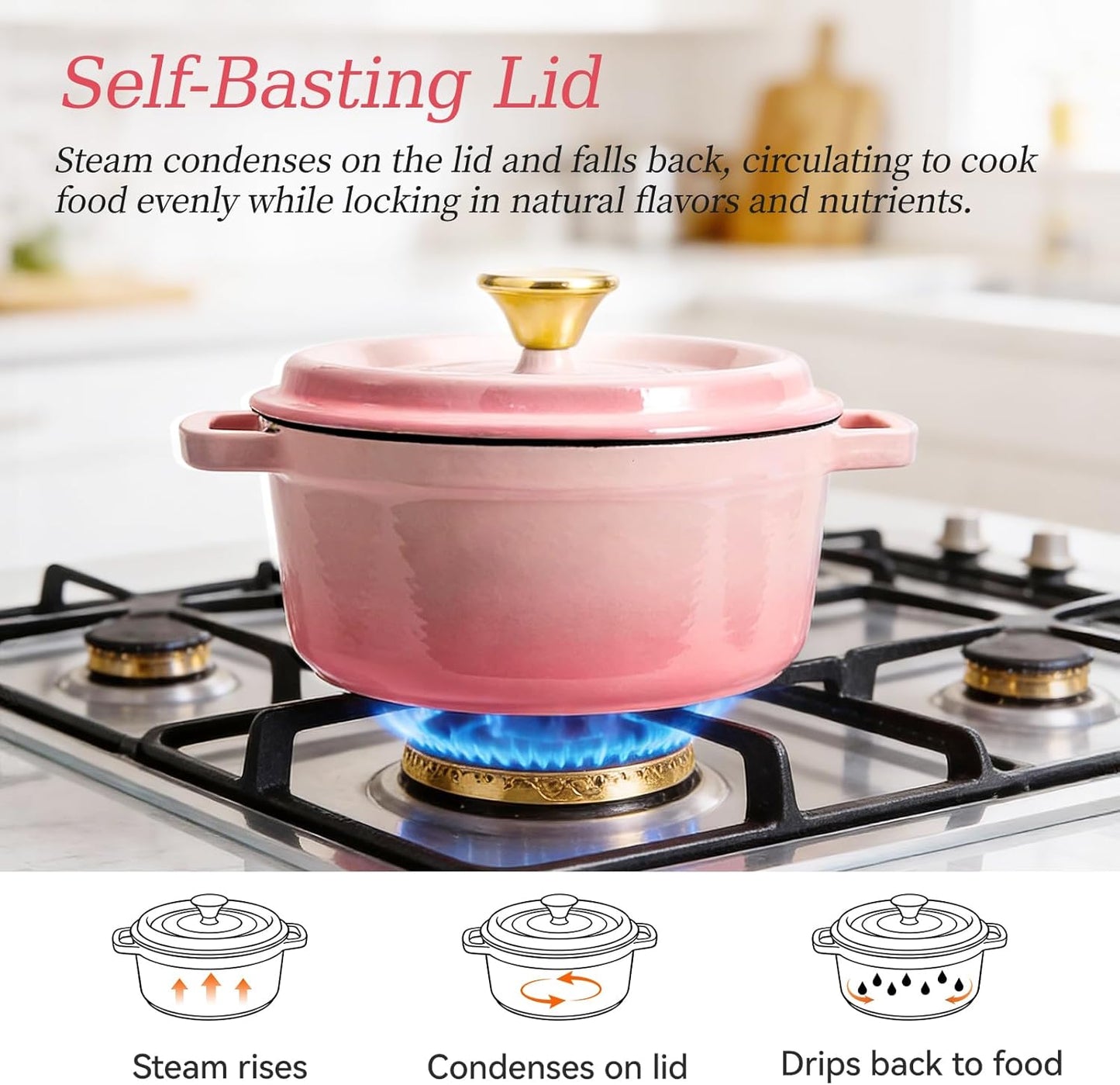 WANGYUANJI 3.3 Quart Enameled Cast Iron Dutch Oven with Lid, 8.7-Inch Heavy-Duty Casserole & Braiser Pan, Thick-Wall Construction, Silver Stainless Steel Knob, Gradient Pink, Safe for All Cooktops