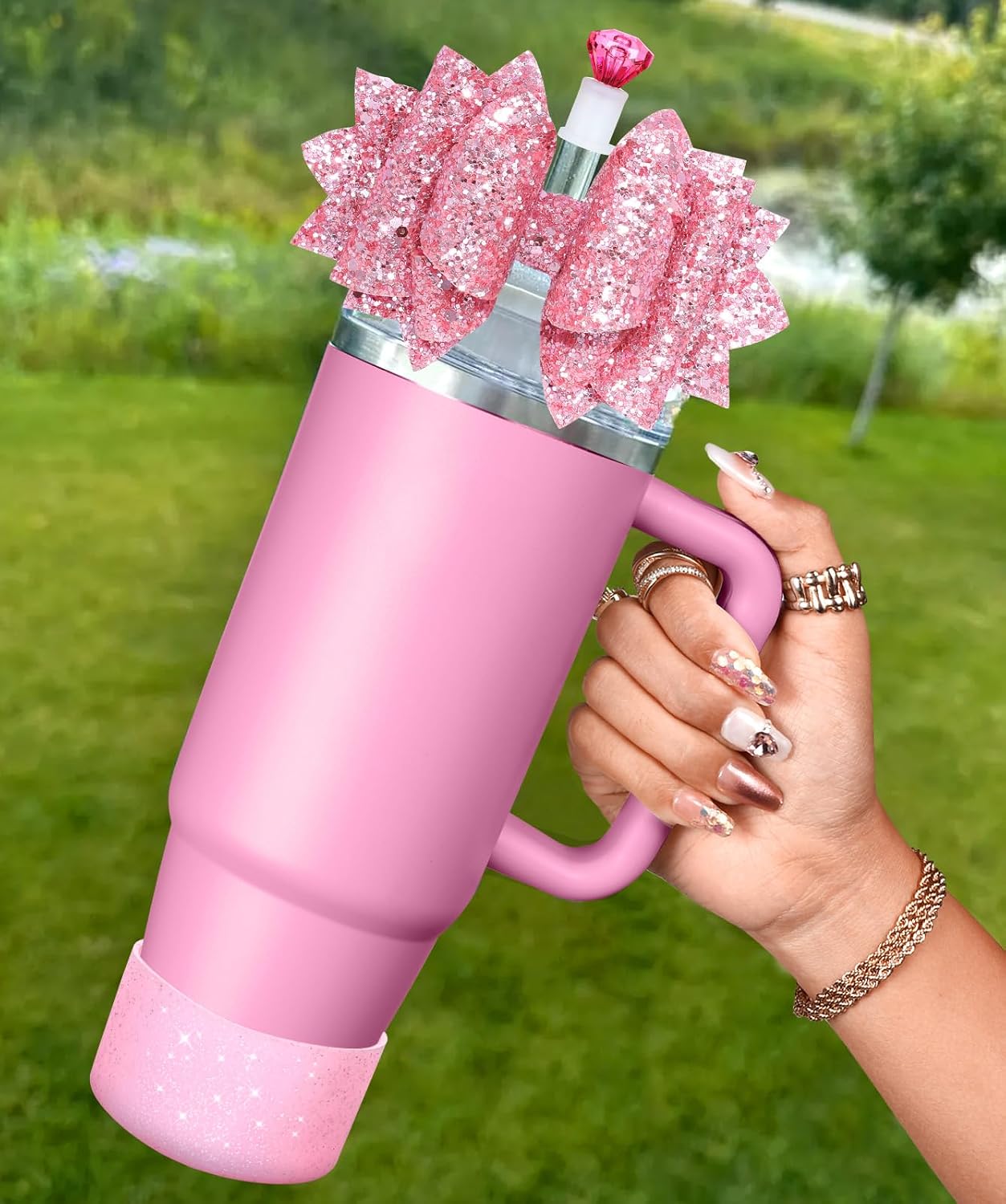 Bow Straw Topper with Cup Bootfor Stanley 40 30 oz - Bling Bow and Diamond Cover Caps with Bottom Protector 3 PCS Sets for Tumbler Accessories
