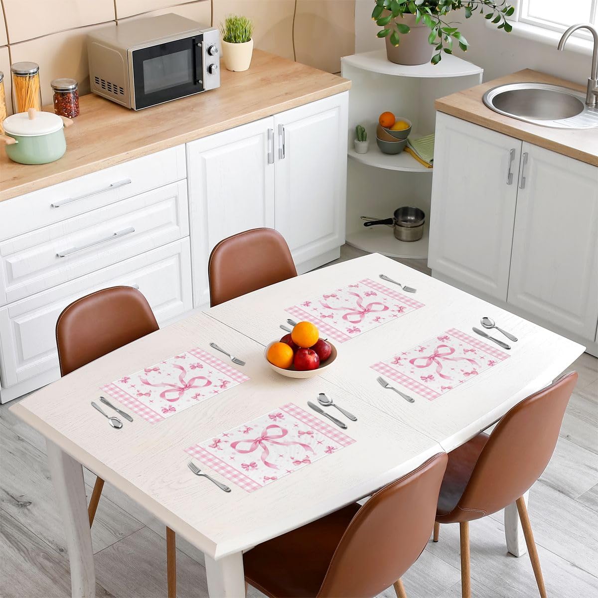 Feelyou Pink Bow Placemats Set of 4 12x18 Inch Plaid Table Mats for Party Kitchen Dining Decoration Holiday Seasonal Gird Bowknot Place Mat for Dinner Table Indoor Non-Slip Washable Coquette Decor