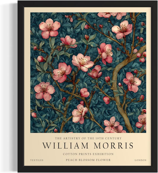 Peach Blossom William Morris Inspired Flower Art Print Poster, Vintage Floral Botanical Wall Decor Wall Art Home Bedroom Bathroom Decor 242B (Peach Blossom William Morris, 14"L x 11"W, Black Frame)