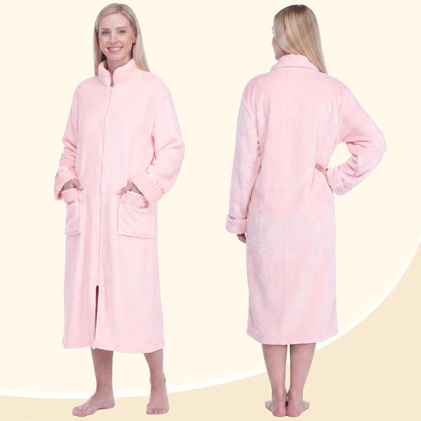 PAVILIA Womens Zip Up Robe with Pockets, Long Fleece Housecoat for Women, Plush Warm Zipper Bathrobe, Cozy Soft House Coat