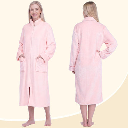 PAVILIA Womens Zip Up Robe with Pockets, Long Fleece Housecoat for Women, Plush Warm Zipper Bathrobe, Cozy Soft House Coat