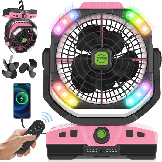 RUNTOP Oscillation Camping Fan with LED Lantern, 20000mAh Rechargeable Battery Operated Outdoor Tent Fan w/Hanging Hook, Remote Control, 4 Speeds, Personal USB Desk Fan for Camping, Jobsite (Pink)