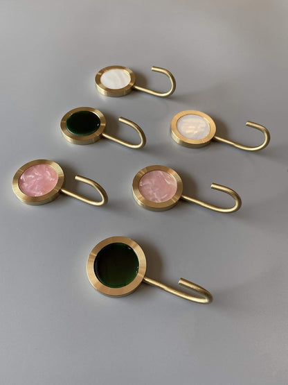 Solid Brass Decorative Wall Hook, Self-Adhesive Hole Free Wall Mount, Shining Gold Fancy Hook (Blossom Pink–Pack of 2)