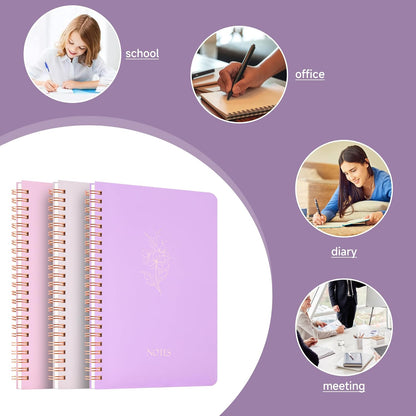 Spiral Notebook 3 Pack - 100GSM Smooth No-Bleed Paper,120 Pages A5 8.26x5.7 Inch, 7mm Ruled Pages, Inner Pocket | Journal Writing, College, Office Meetings (PINK AND PURPLE AND BEIGE)