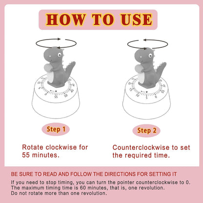 ELE DEPI 60 Minutes Mechanical Kitchen Timer,Cute Dinosaur Timer for Kids,Wind Up Egg Timer for Cooking,Reading,Classroom and Do Sports. (Pink)