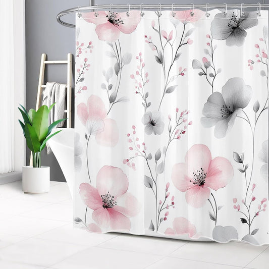 LB Summer Pink Floral Shower Curtain for Bathroom, Vintage Botanical Pink and Gray Flower Fabric Shower Curtain with Hooks,Watercolor Wildflwer Bathroom Curtain Shower Set,72" W x 72" L