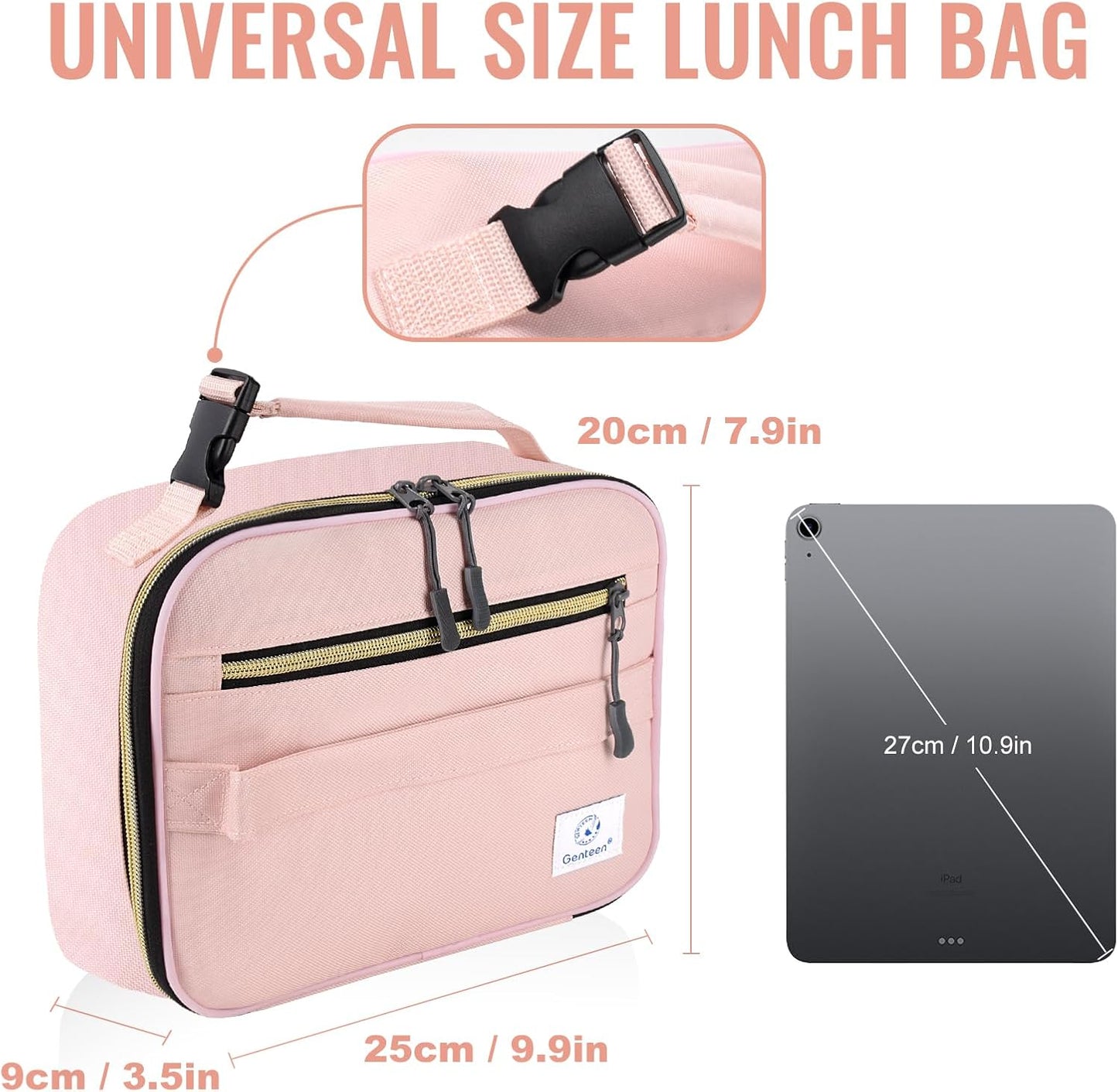 Genteen Lunch Bag for Women Girls Kids,Insulated Lunch Box,Reusable Lunchbox for School,Work,Outdoor(Pink)