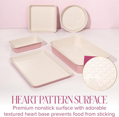 Paris Hilton 5-Piece Baking Pans Set, Nonstick Heart Pattern Bakeware Set with Heavy Duty Carbon Steel, Includes Square Pan, Round Pan, Loaf Pan, Roasting Pan & Cookie Sheet, 5-Piece, Pink