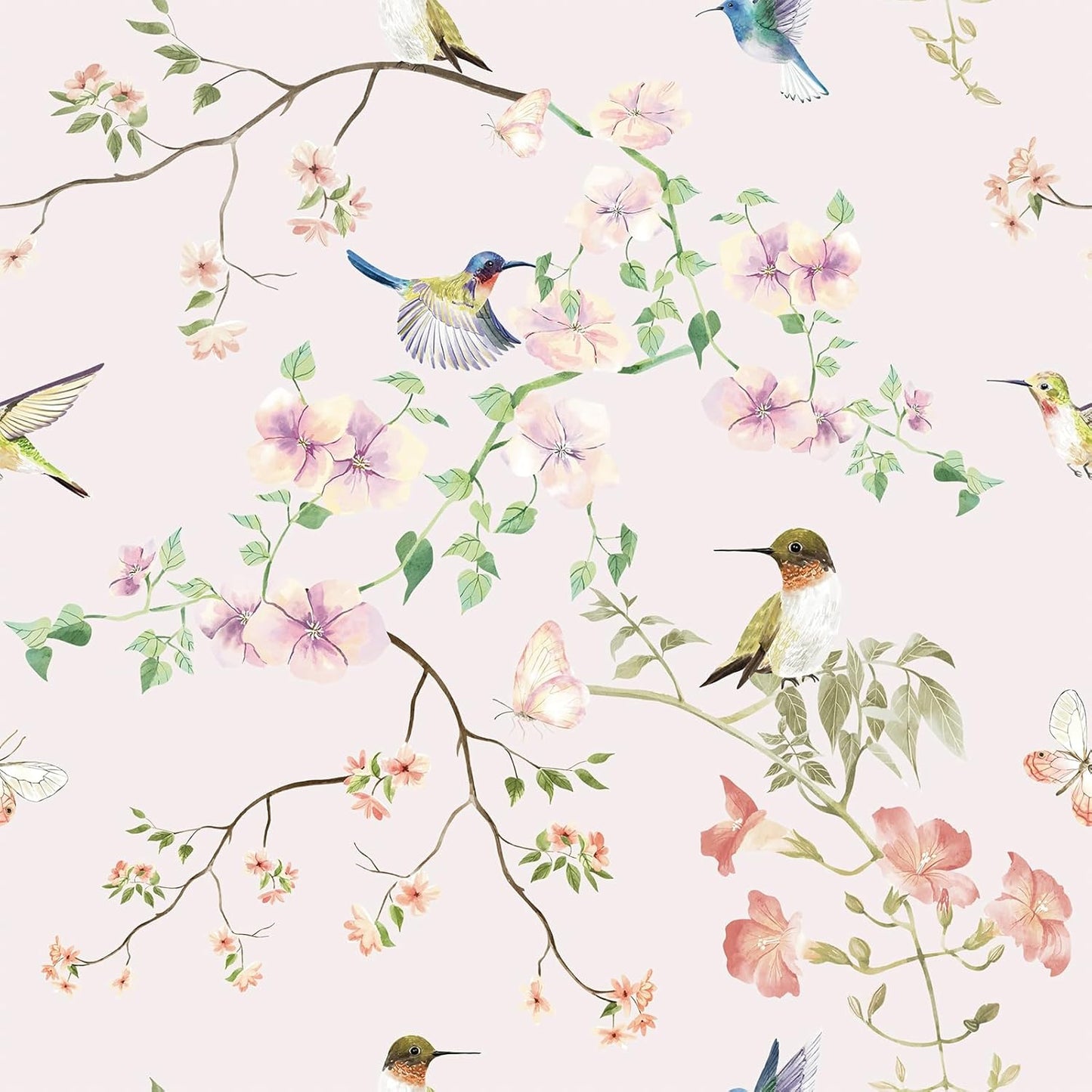 VaryPaper 17.7"x78.7" Rustic Hummingbird Floral Wallpaper Peel and Stick Decorative Purple/Pink Floral Contact Paper for Cabinets Drawers Removable Self Adhesive Mural Wallpaper for Bedroom Nursery