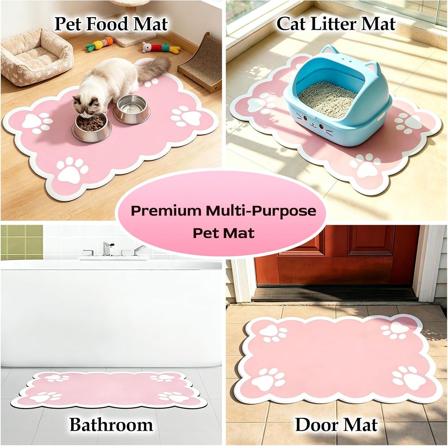 19×14in Cuttable Mat for Dog Bowls - Water Absorbent Mat for Dog Bowls with Rubber Non-Slip Backing, Quick Dry Dog Food Mat, No Stains & 3.5mm Thick Mat for Pet Food Bowls, Pink