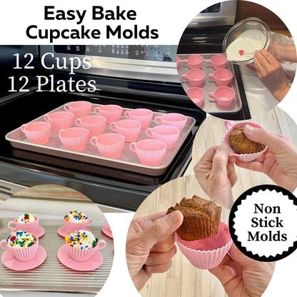 Evelots Baking Cupcake Molds - Silicone Teacup Set - 24 Pc Set - Oven-Safe - Nonstick - Muffin Cups for Bridal/Baby Shower, Birthday/Tea Party - 12 Cups & 12 Saucers - BPA Free