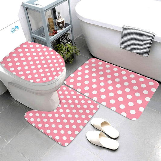 Bathroom Rugs Sets 3 Piece - Light Pink Polka Dot Print (a) Absorbent Non Slip Washable Bath Mats, U-Shape Toilet Lid Cover, Contour Mat, Soft Shower Mats Bath Rug Mat for Bathroom Tub Toilet