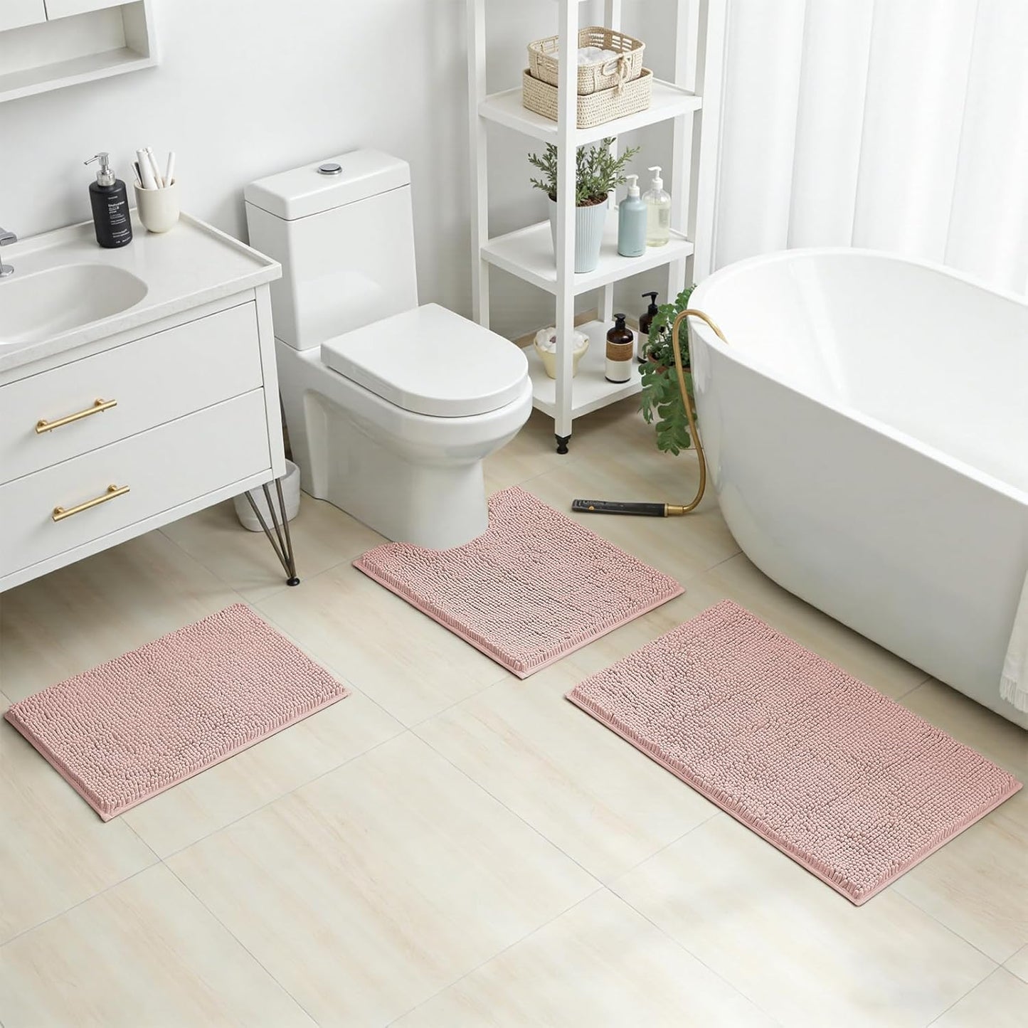 HOMEIDEAS 3 Pieces Bathroom Rugs, Extra Large Ultra Soft Non Slip Absorbent Chenille Toilet Bath Mat Set (Dusty Pink)