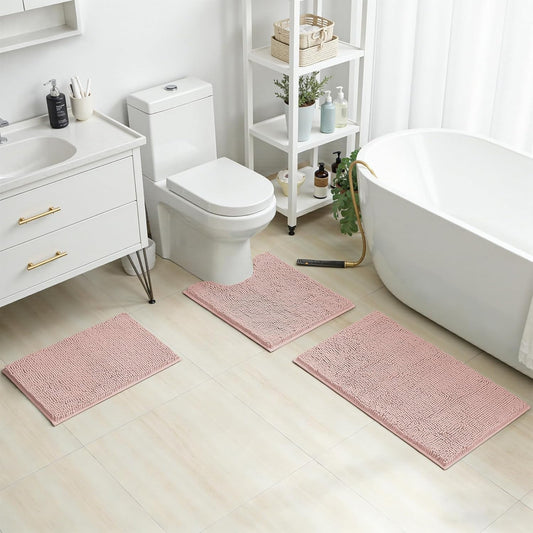 HOMEIDEAS 3 Pieces Bathroom Rugs, Extra Large Ultra Soft Non Slip Absorbent Chenille Toilet Bath Mat Set (Dusty Pink)