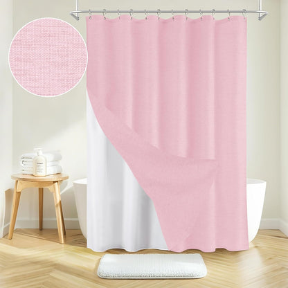 Inhousolu Boho Farmhouse Shower Curtain with Fabric Liner Set, Luxury Faux Linen Textured, Metal Hooks, Weighted Hem, Washable Wrinkle Free Bath Curtain for Hotel Bathroom 72" W x 78" L Pink