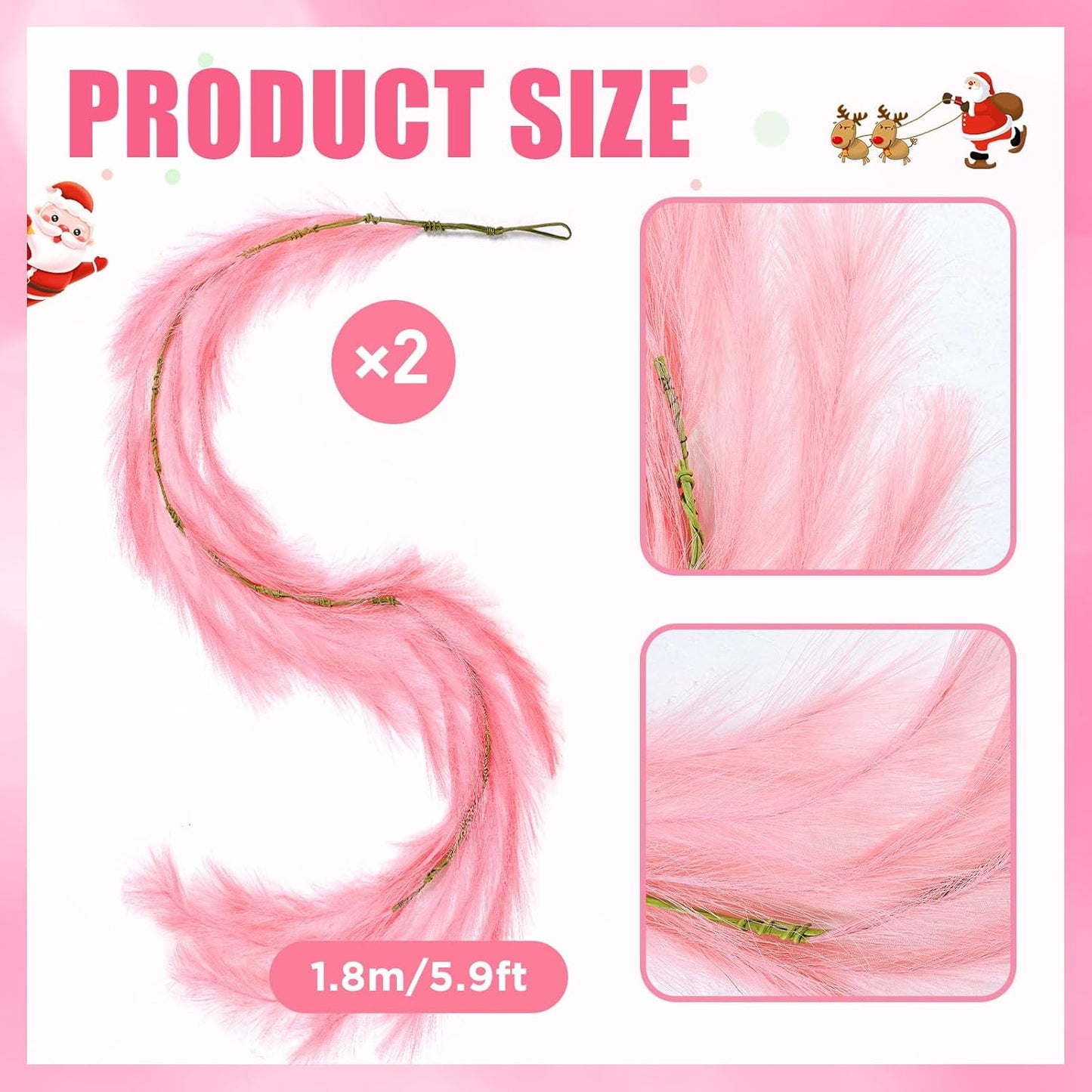 2 Pcs 12 Ft Christmas Tree Garland Decoration Pink Pampas Grass Garland Artificial Faux Fabric Feathers Wreath for Mantle Xmas Tree Home Farmhouse Christmas Holiday Party Supplies