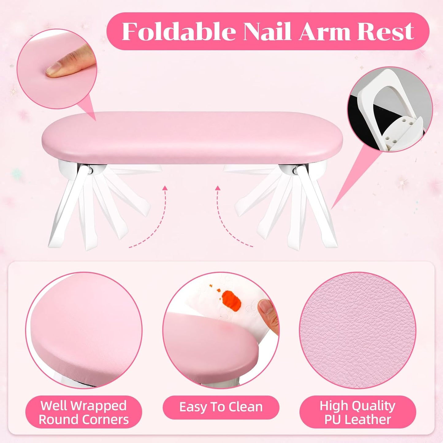 Novabright Nail Arm Rest with 50 Disposable Manicure Mats, Foldable PU Leather Hand Cushion and 3-Ply Absorbent Table Pads with PE Backing, Nail Tech Supplies for Salon Desk(Pink)