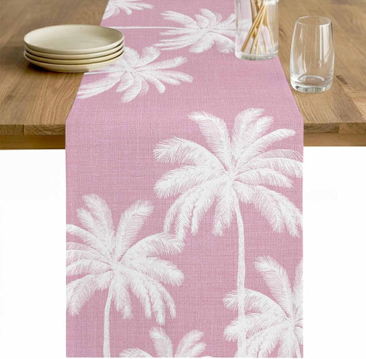 Peach Pink Palm Tree Table Runner 90 Inches, Summer Botancial Tropical Farmhouse Bed Runner Dresser Scarves Tabletop for Indoor Outdoor Parties/Ceremony/Banquet, 13 x 90