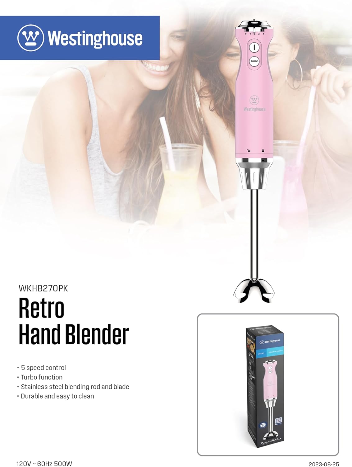 Westinghouse Hand Blender - 5-Speed Immersion Blender with Turbo Function, Stainless Steel Blades & Rod, 500W Power, Detachable Easy Clean Design, Best for Smoothies & Soups - Retro Appliance, Pink