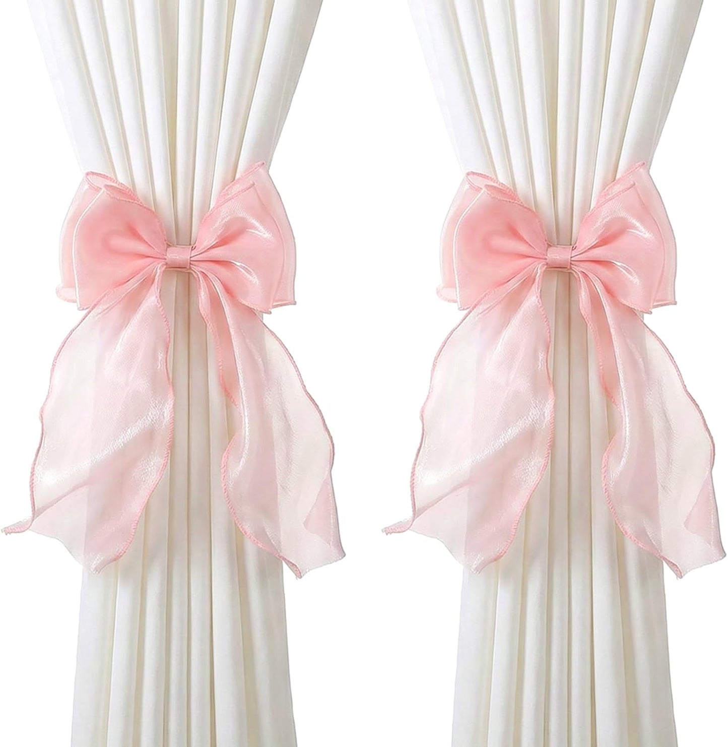 Thinp 2 Pieces Bow Curtain Tiebacks, French Bowknot Curtain Holdbacks Silky Curtains Strap Lace Ribbon for Home Bedroom Office Dining Rooms Curtains Decorative (Pink)