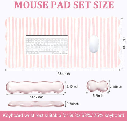 L-SPOUTTO Pink Striped Mouse Pad Set,Scalloped XXL Desk Mat + Ergonomic Mouse Wrist Rest + Gel Keyboard Wrist Rest for Keyboard 65%/75%,3in1 Large Desk Pad for Desktop Home Office Computer Game
