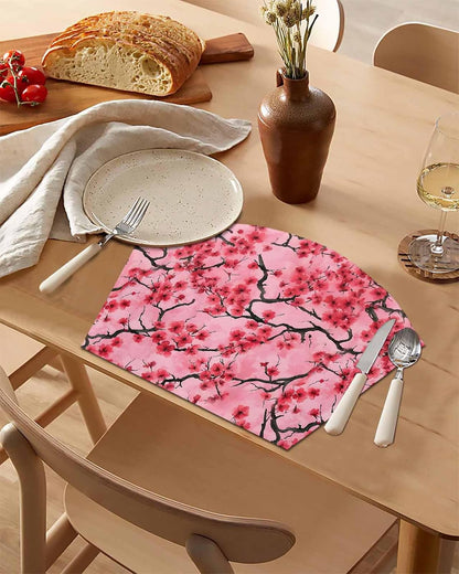 Chinese Flowers Placemats Set of 6 for Dining Table, Woven Round Table Placemats, Spring Pink Peach Blossoms Floral Table Mats Washable Wedge Placemat Indoor/Outdoor Patio Kitchen Décor