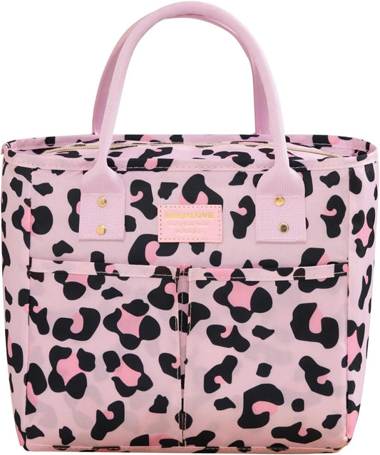 Lunch Bag Insulated,Adults Lunch Box with Pockets waterproof,Large Lunch Cooler for Office Hiking,Pink Leopard Print