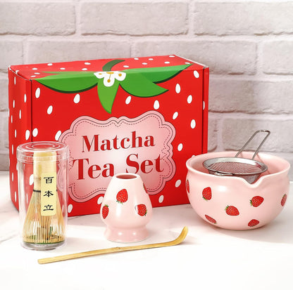 FYSUIMU 5 Pcs Strawberry Ceramic Matcha Bowl Set Pink Ceramic Bowl with Spout and Bamboo Whisk Scoop Sifter Stand Kit for Tea Lovers Tea Ceremony Supplies