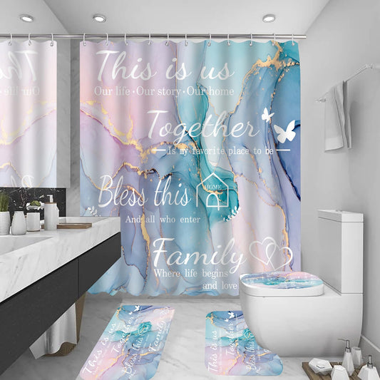 4Pcs Family Marble Shower Curtain Sets with Rugs,Pink Blue Home Inspirational Bathroom Decor Set, Bathroom Sets with Shower Curtain and Rugs, Waterproof Bathroom Shower Curtains, with 12 Hooks