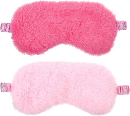 2 Pcs Plush Eye Mask, Soft Sleeping Blindfold Eye Cover Comfortable Satin Back New Faux Fur Nap Eyes Cover Cute Fluffy Furry Sleeping Blindfold for Men Women Plane, Game, Travel Nap (Pink)