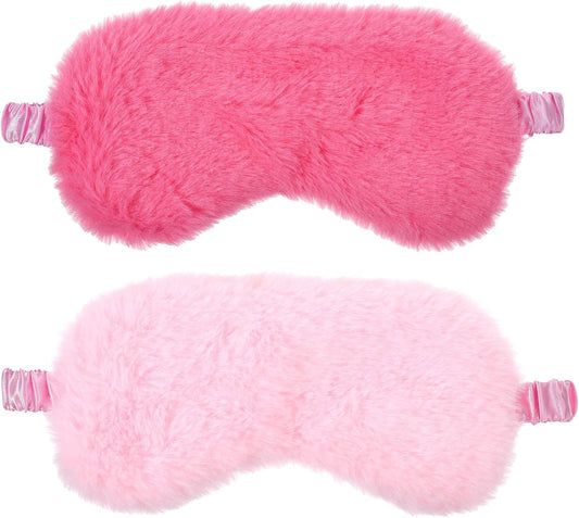 2 Pcs Plush Eye Mask, Soft Sleeping Blindfold Eye Cover Comfortable Satin Back New Faux Fur Nap Eyes Cover Cute Fluffy Furry Sleeping Blindfold for Men Women Plane, Game, Travel Nap (Pink)