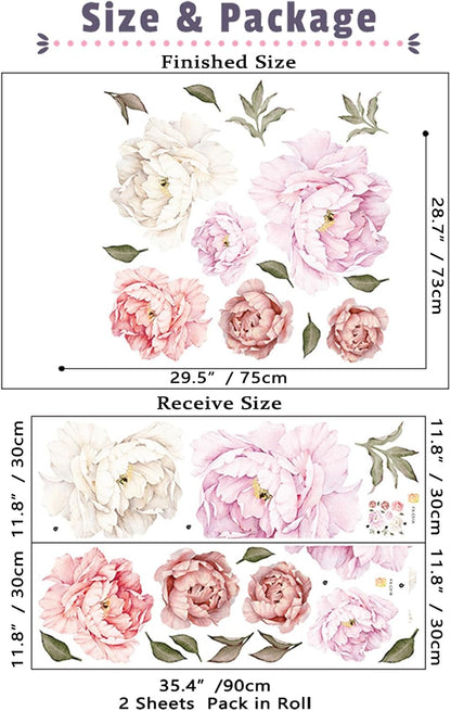 Watercolor Peony Flowers Wall Decals Floral Wall Stickers for Living Room, Delicate White & Pink Flowers Wall Posters Vinyl Blossom Art Applique for Bedroom Girls Room