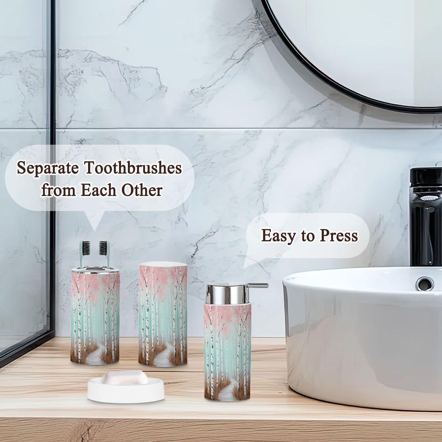 Pink Coastal Bathroom Accessories Set 6 piece Botanical Pink Tree Plant Women Graffiti White Birch Trees Plastic shatterproof Vanity Organization countertop Decor for Home, Apartment, Dorm