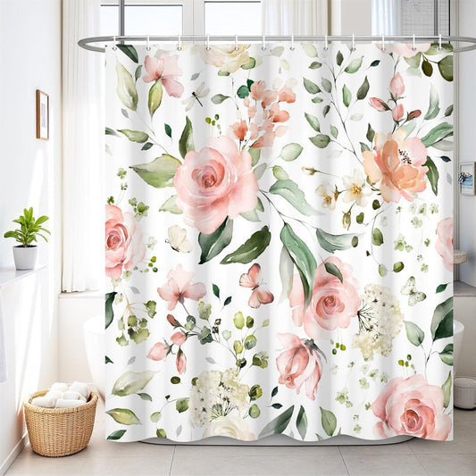 Renaiss 72 x 72 Inch Pink Floral Shower Curtains for Bathroom Watercolor Flower Leaf Shower Curtain Spring Plant Botanical Pretty Bathroom Set Woman Girl Bath Curtain Bathtub Accessories Bath Decor