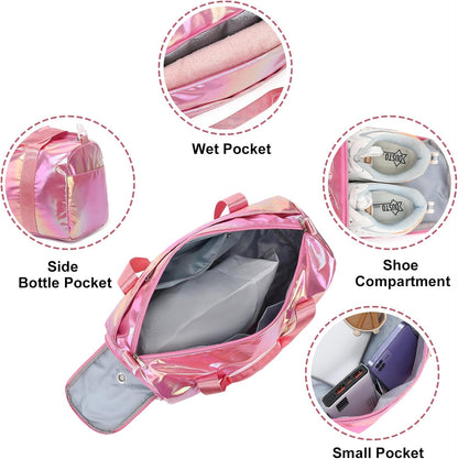 Gym Bag Sports Duffle Bag with Wet Pocket Weekender Overnight Bag with Waterproof Shoe Pouch and Air Hole for Girls Kids Women Travel Foldable Bag