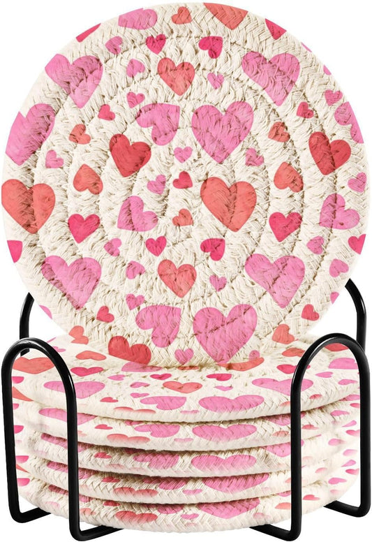 Pink Heart Pattern Coasters Set of 6 with Holder, Woven Rope Coasters for Drinks, Coasters for Dining Table, Office, Home Decor & Tabletop Protection