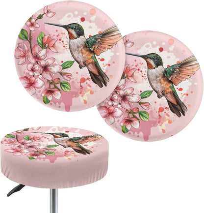 Lotusorchid Hummingbird Stool Covers 2 Pack, Peach Blossom Stool Cushion Cover with Elastic, Washable Round Seat Covers for Bar Stools, Comfy Stool Slipcovers Round, Pink