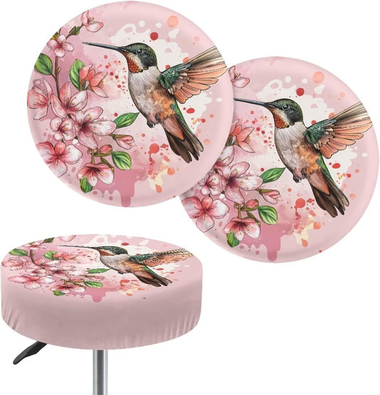 Lotusorchid Hummingbird Stool Covers 2 Pack, Peach Blossom Stool Cushion Cover with Elastic, Washable Round Seat Covers for Bar Stools, Comfy Stool Slipcovers Round, Pink