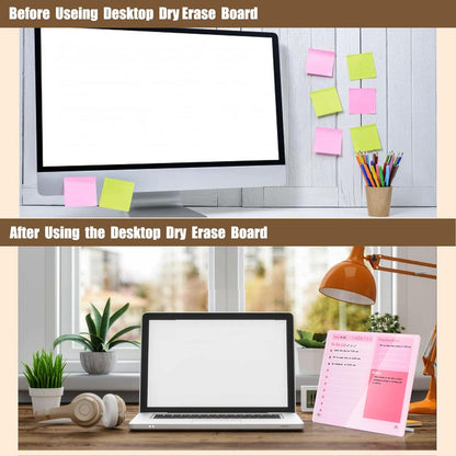 Desktop Thickened Acrylic Dry Erase Board to do List Planner Board，12"x10"，Tabletop Whiteboard with Stand，Frameless Pink Dry Erase White Board，for Office/Home/School