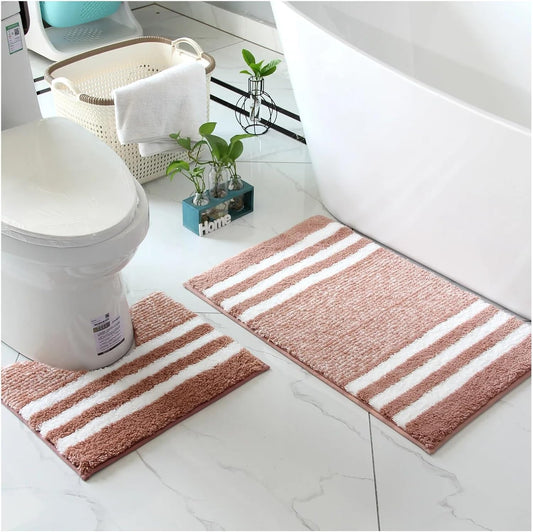 Striped Microfiber Bathroom Carpet,Waterproof,Non-Slip and Quick Drying,Machine Washable,TPR Backing, Medium Velvet(Pink)