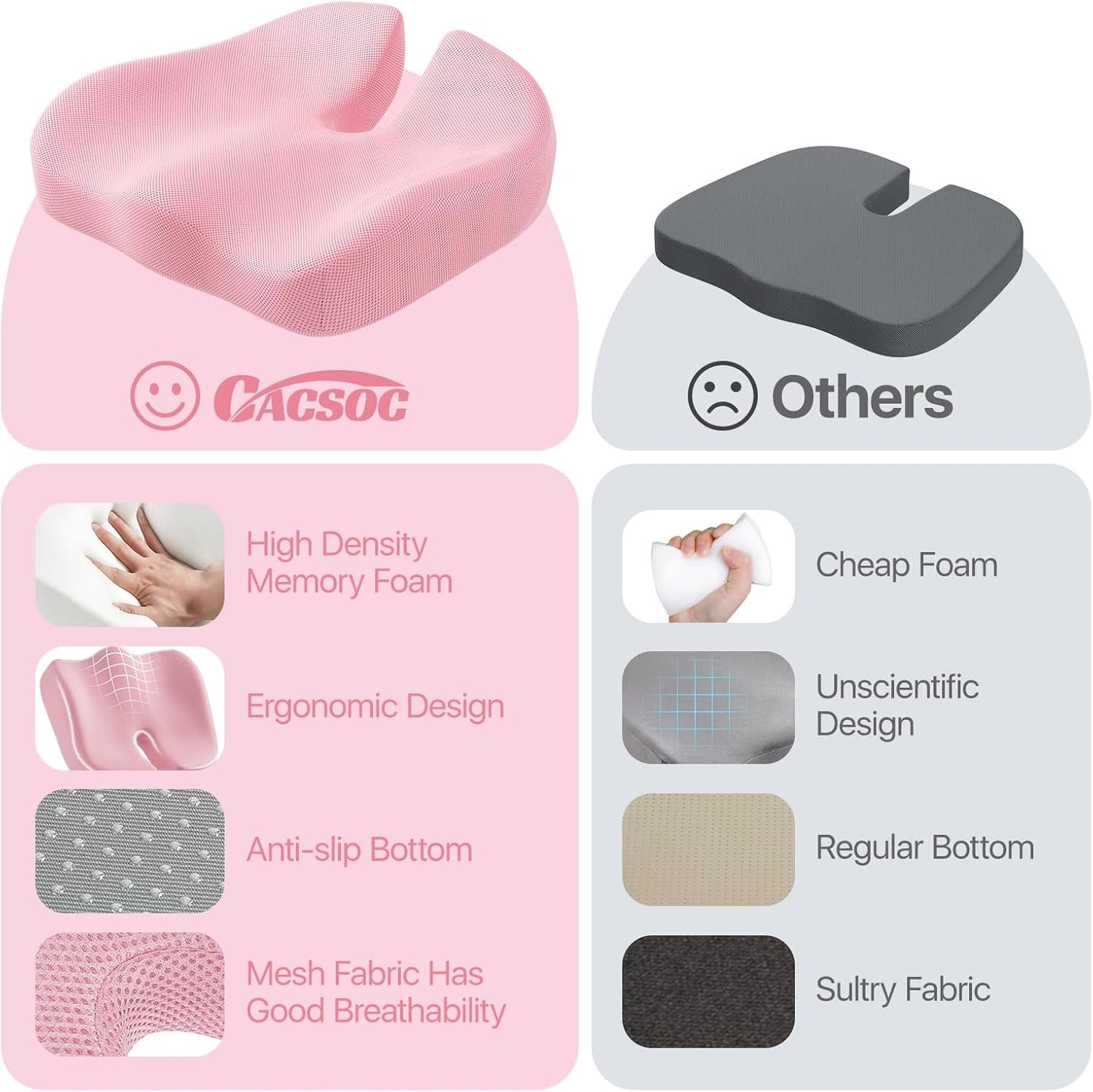 CJACSOC Seat Cushion, Extra Large Memory Foam Cushion for Office Chair Cushions, Ergonomic Cushions Pad Pillow for Pressure Relief Sciatica & Pain Relief for Long Sitting, Pink