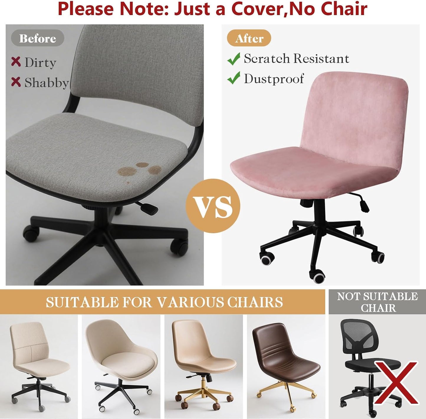 NICEEC Criss Cross Chair Cover Armless Office Dorm Desk Chair Covers Vanity Chair Covers Computer Mid Back Wide Seat Chair Without Arms Protector Spandex Stretch Slipcover Pink(No Chair Only Cover)