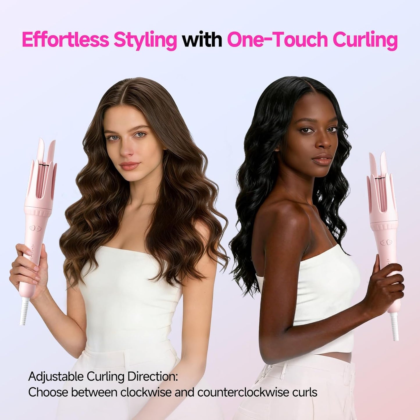 Auto Curling Iron 1.25 Inch, Rotating Hair Curler for Beach Waves, AutomaticHair Curler with Anti-Scald & Anti-Tangle, Ceramic Curling Wand for Long Hair, Dual Voltage, Pink