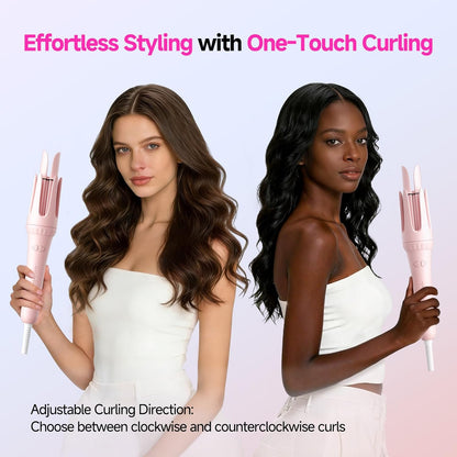 Auto Curling Iron 1.25 Inch, Rotating Hair Curler for Beach Waves, AutomaticHair Curler with Anti-Scald & Anti-Tangle, Ceramic Curling Wand for Long Hair, Dual Voltage, Pink