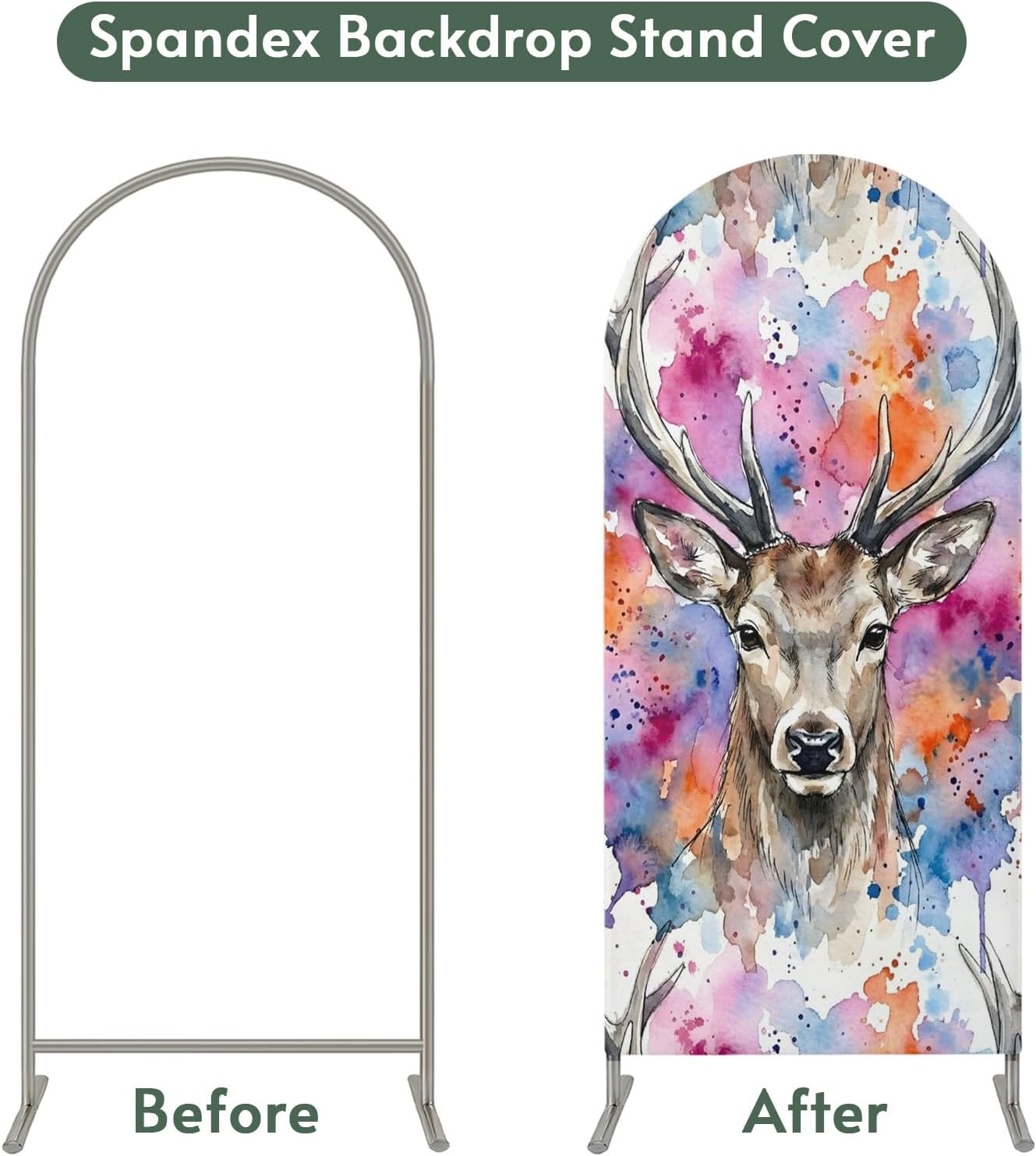 Elk Arch Backdrop Cover 6.6FT, Pink Purple Blue Watercolor Splashes Splatter Animal Spandex Fitted Stretchy Arch Stand Covers, Round Top Chiara Backdrop Cover for Wedding Party Birthday Baby Shower