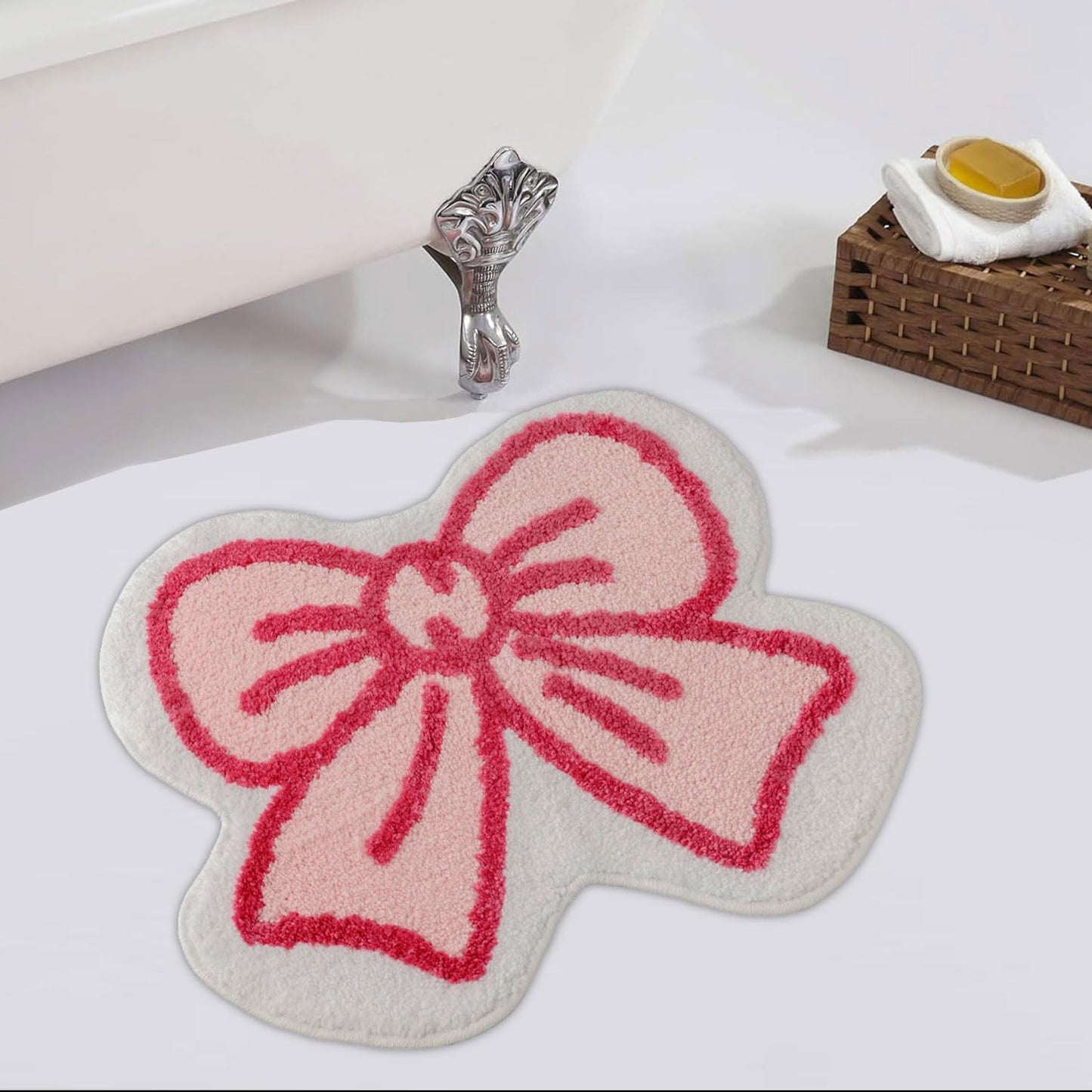 Pink Bath Mat for Bathroom Non Slip, Cute Bathroom Rugs Coquette Bow Rug Plush Microfiber Bath Rug, Small Washable Absorbent Bath Mat for Bathtub Sink Girl's Bedside Preppy Room Decor 24"x20"