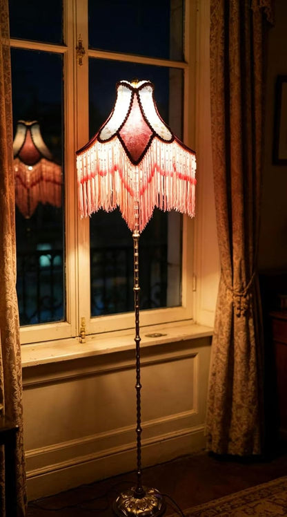 Shabby Chic Victorian Floor Lamp, Pink Cherry Floral Embroidered Lampshade with Tassel Fringe, Brass Stand, Beho Retro Style Living Room Lighting